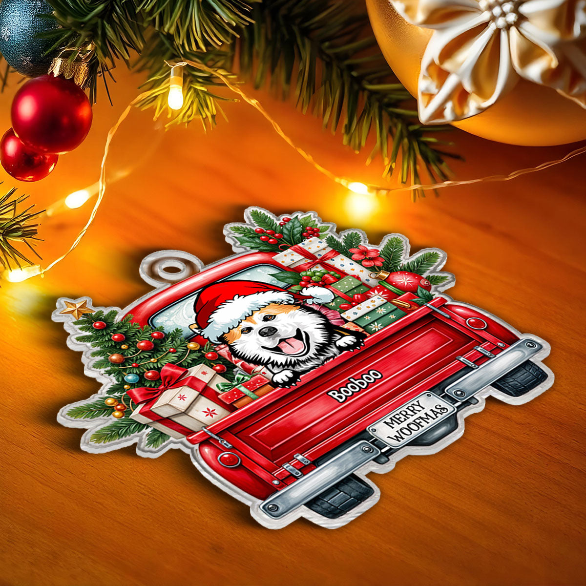 Merry Woofmas Dogs On Truck Personalized Acrylic Ornament, Christmas Gift For Dog Mom Dog Dad