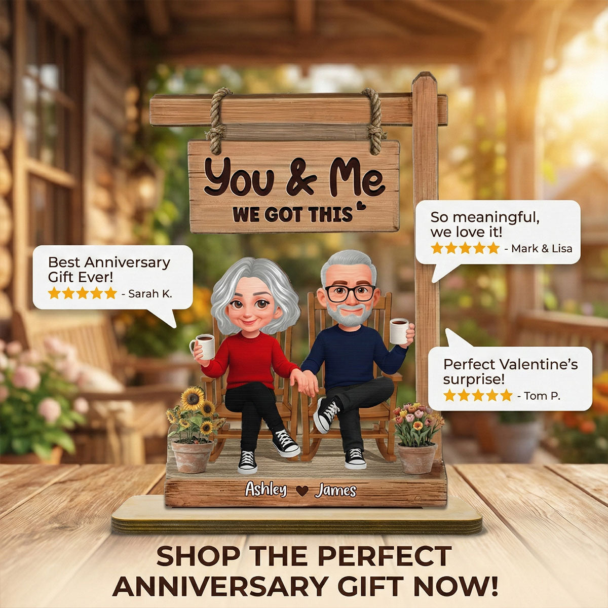 3D Effect Old Couple Sitting Together - Personalized 2-Layered Wooden Plaque - Anniversary, Valentine's Day Gift For Him, Gift For Her
