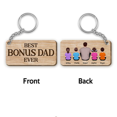 Bonus Dad Back View Man Kids Dog Cat Personalized Wooden Keychain