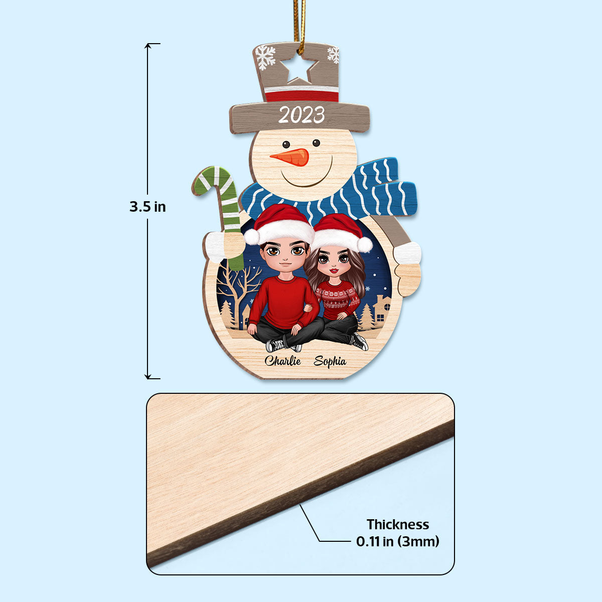 Couple Sitting Inside Snowman Personalized Wooden Ornament