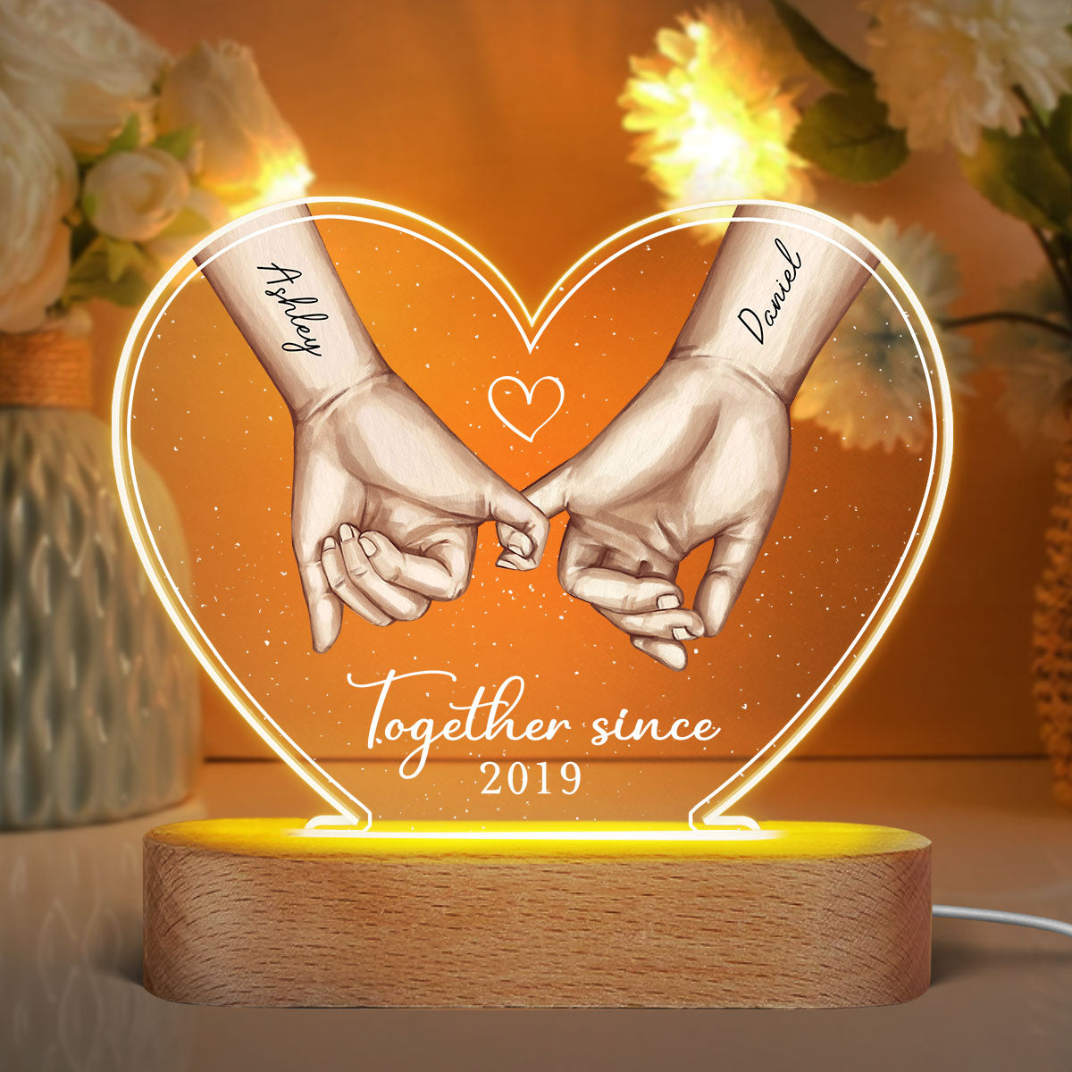 Personalized Couple Hands Pinky Promise Acrylic Heart LED Night Light,  gift, Anniversary Gift for Couples