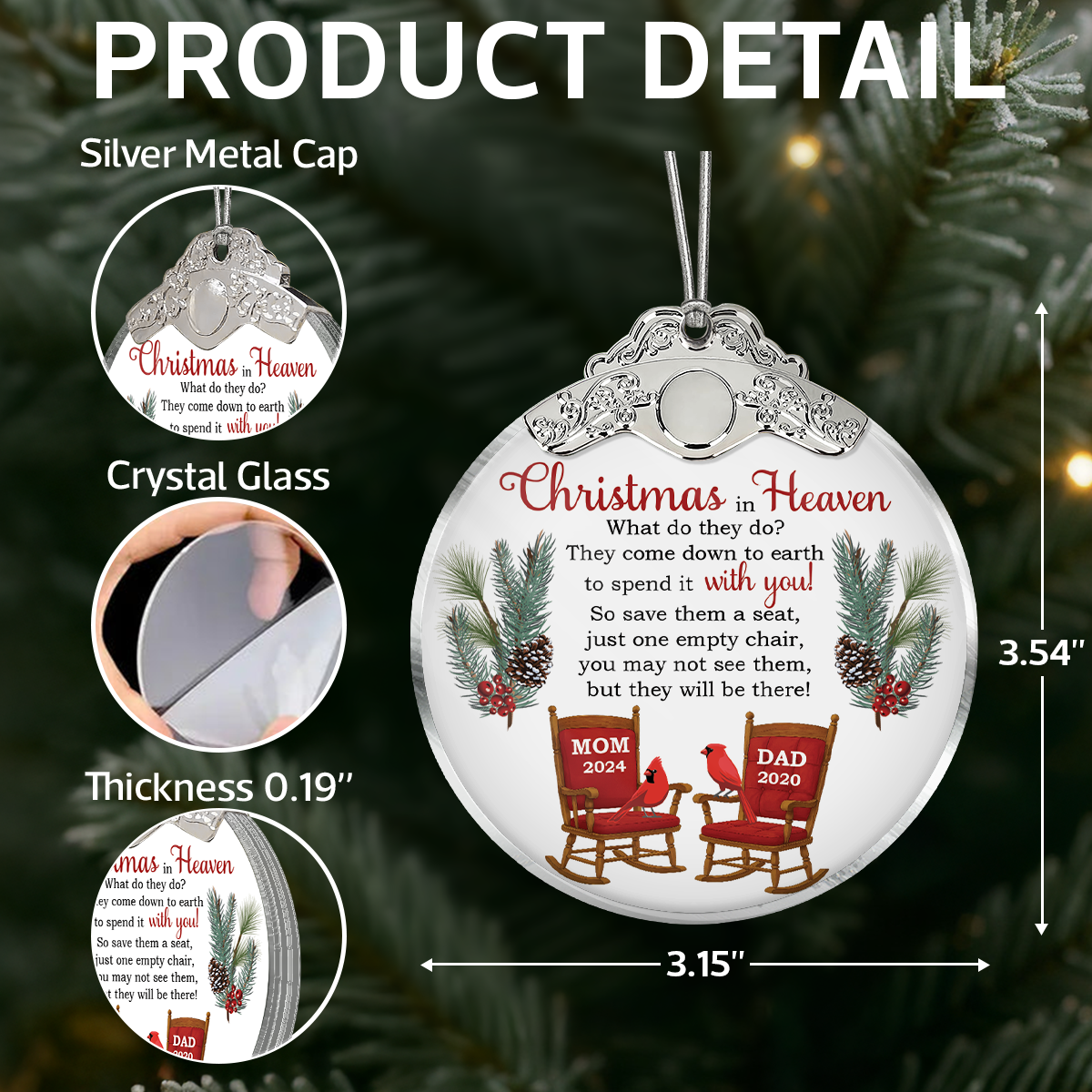 Christmas In Heaven Save A Seat - Personalized Glass Ornament With Silver Cap - Christmas Memorial Keepsake For Family