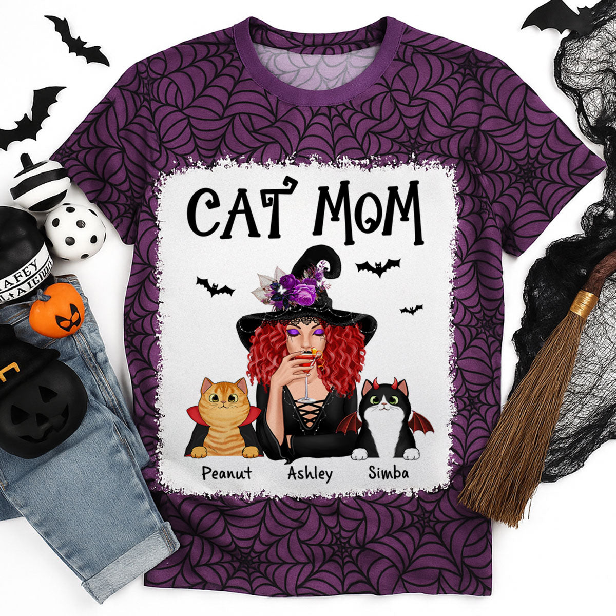 Halloween Spider Web Witch Cat Mom Personalized Shirt, Spooky Halloween Costume For Cat Lovers