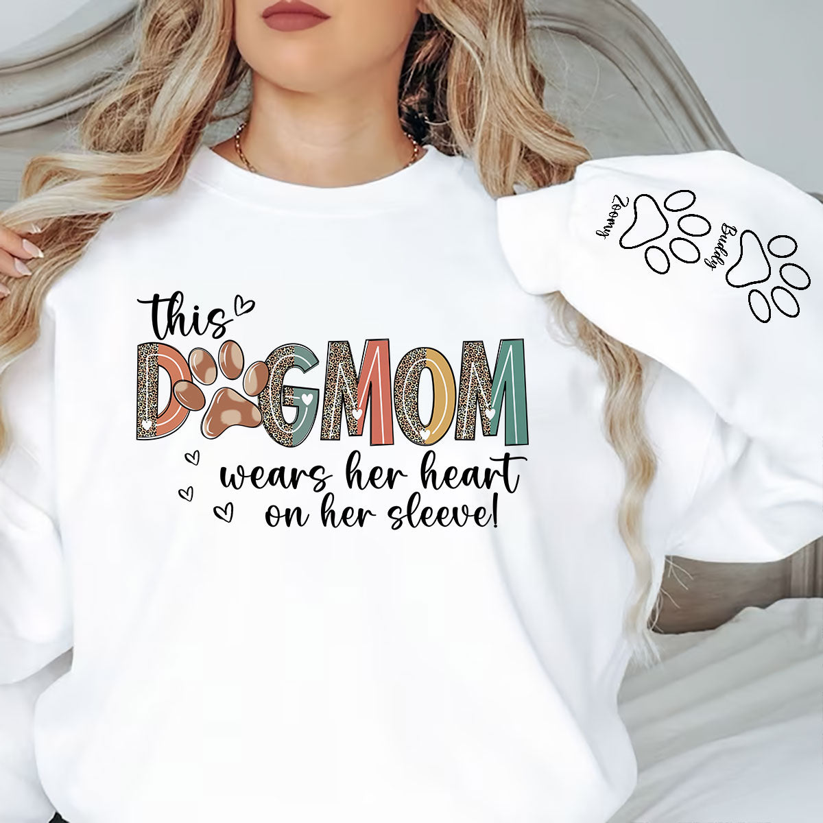 Dog Mom Wears Her Heart On Her Sleeve, Dog Paw Pattern, Gift For Dog Mom, Personalized Sleeve Printed Sweatshirt