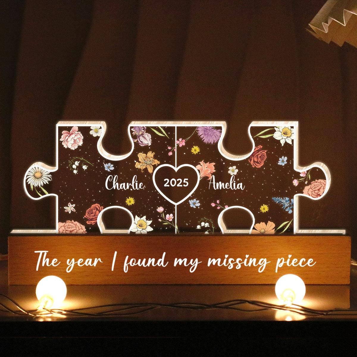 You Are My Missing Piece Couple Initials Floral Theme Personalized Acrylic LED Night Light, Heartfelt 2025  Gift, Anniversary Gift For Her, For Girlfriend, For Wife
