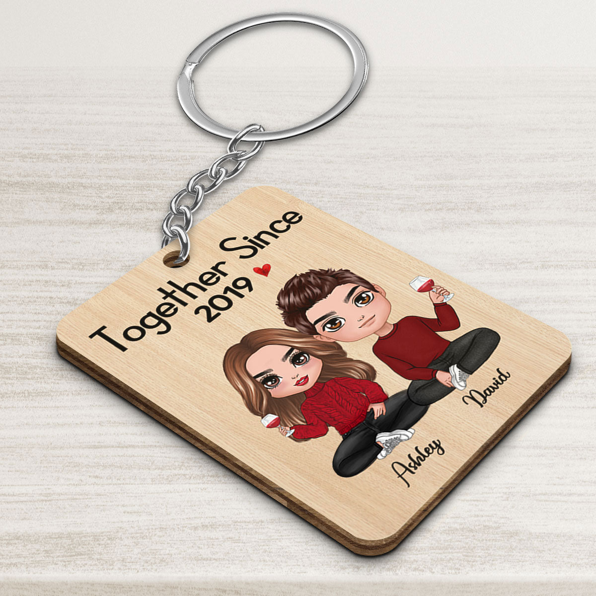 Doll Couple Sitting Gift For Him For Her Personalized Wooden Keychain