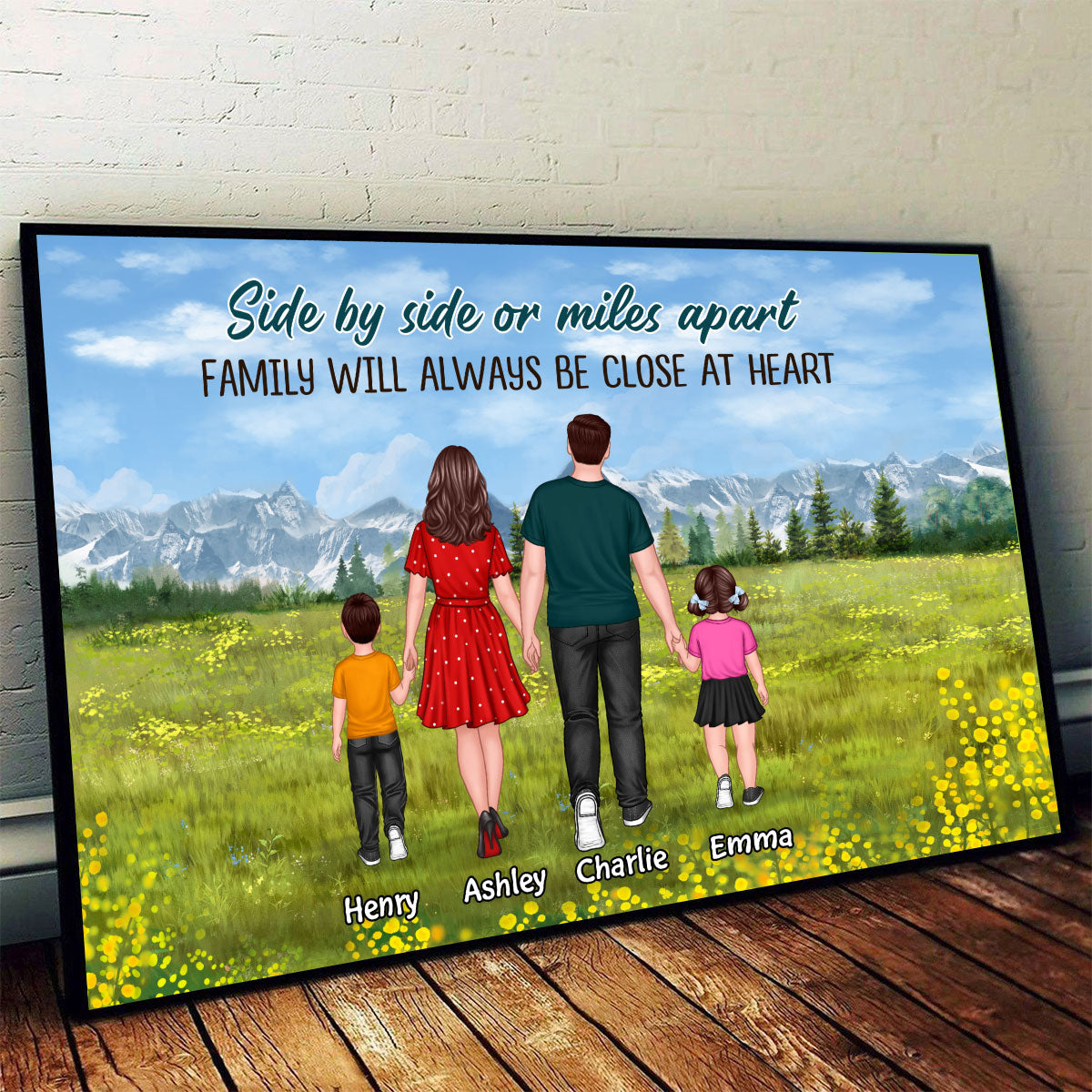Family Standing Back View On The Meadow Personalized Horizontal Poster