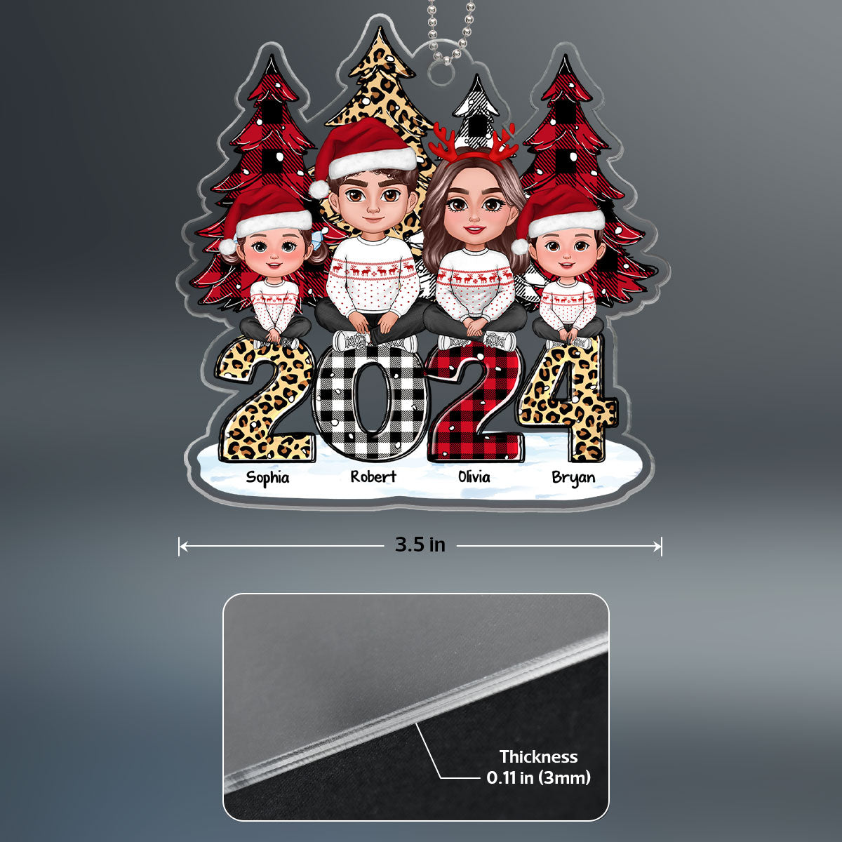 Leopard Checkered Pattern Christmas 2024 Tree Family Personalized Acrylic Ornament