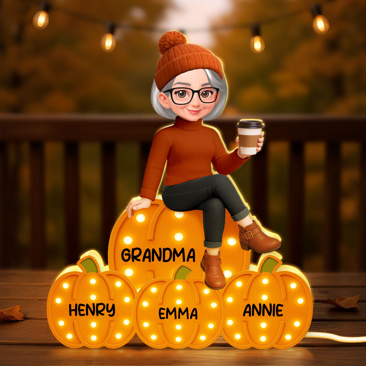 Grandma Mom Sitting On Pumpkins Marquee Pattern Effect Personalized LED Light Box, Cozy Fall Vibe Home Decoration