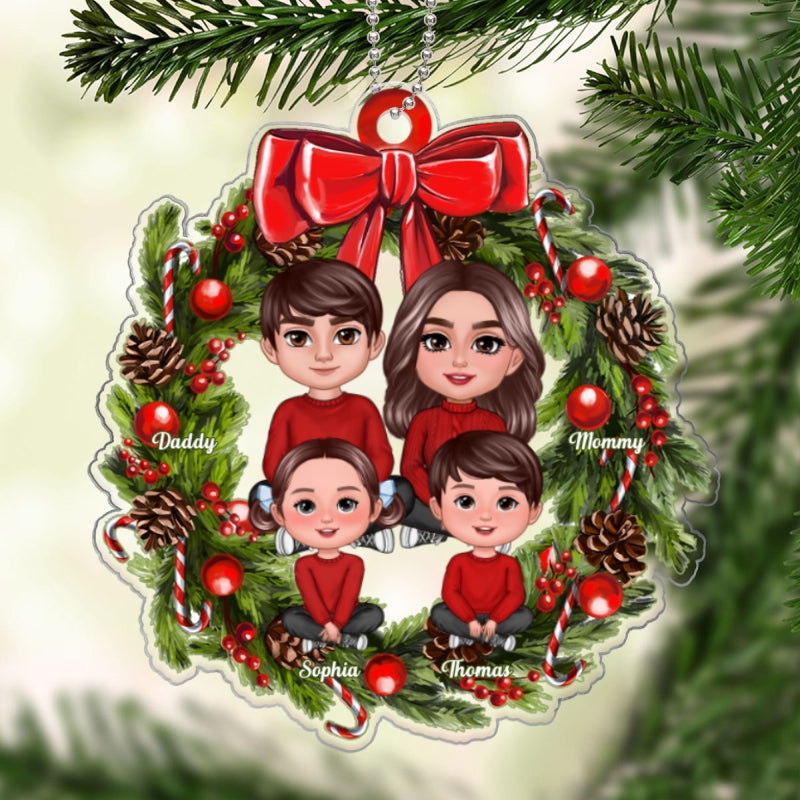 Crossed Legs Family Sitting On Chritmas Wreath Personalized Acrylic Ornament