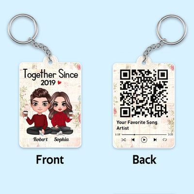 Floral Paper Doll Couple Sitting Together Since Favorite Song Scannable QR Code Personalized Acrylic Keychain