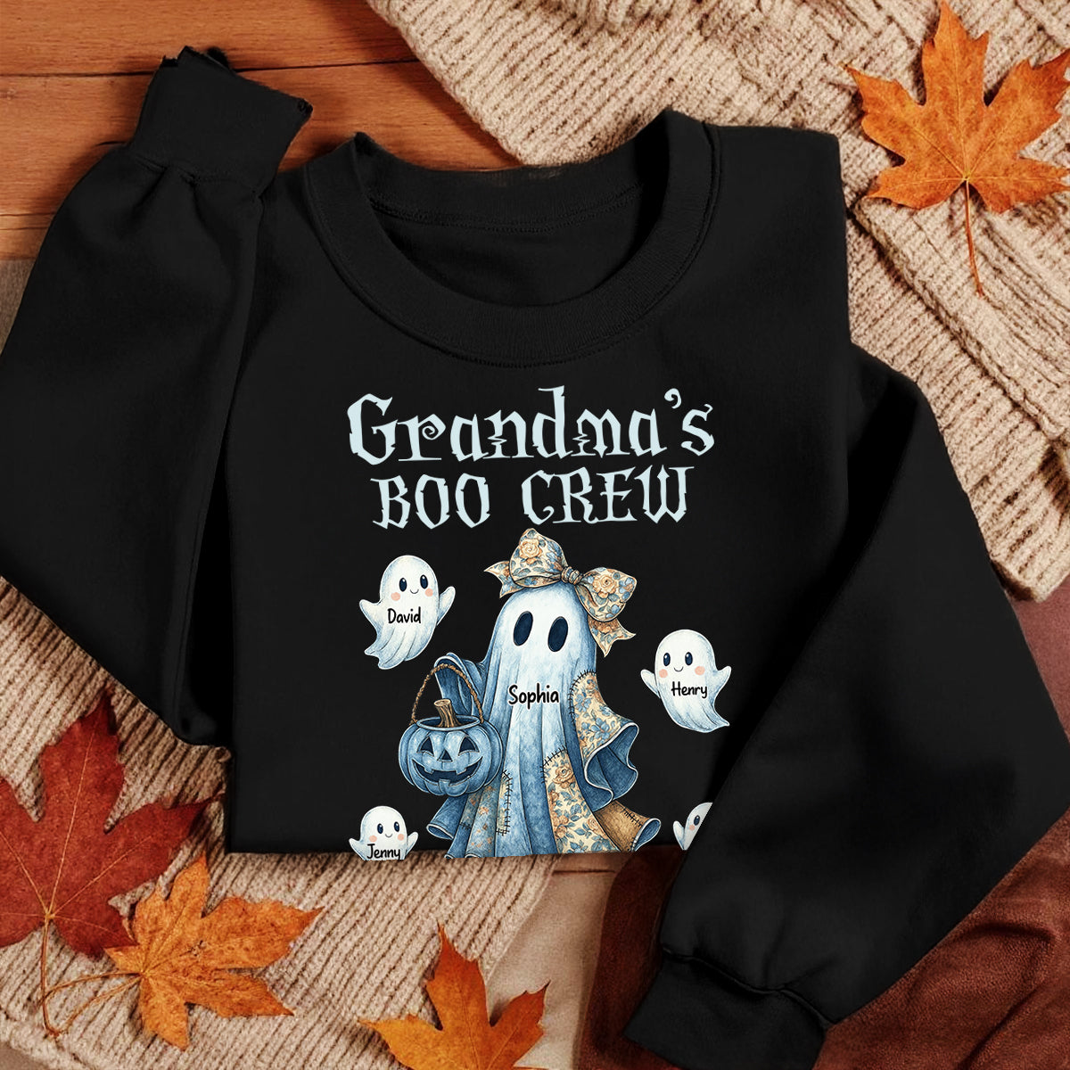 Grandma's Boo Crew Retro Halloween Blue Denim Ghost Personalized Sweatshirt, Spooky Sweatshirt for Grandma, Mom