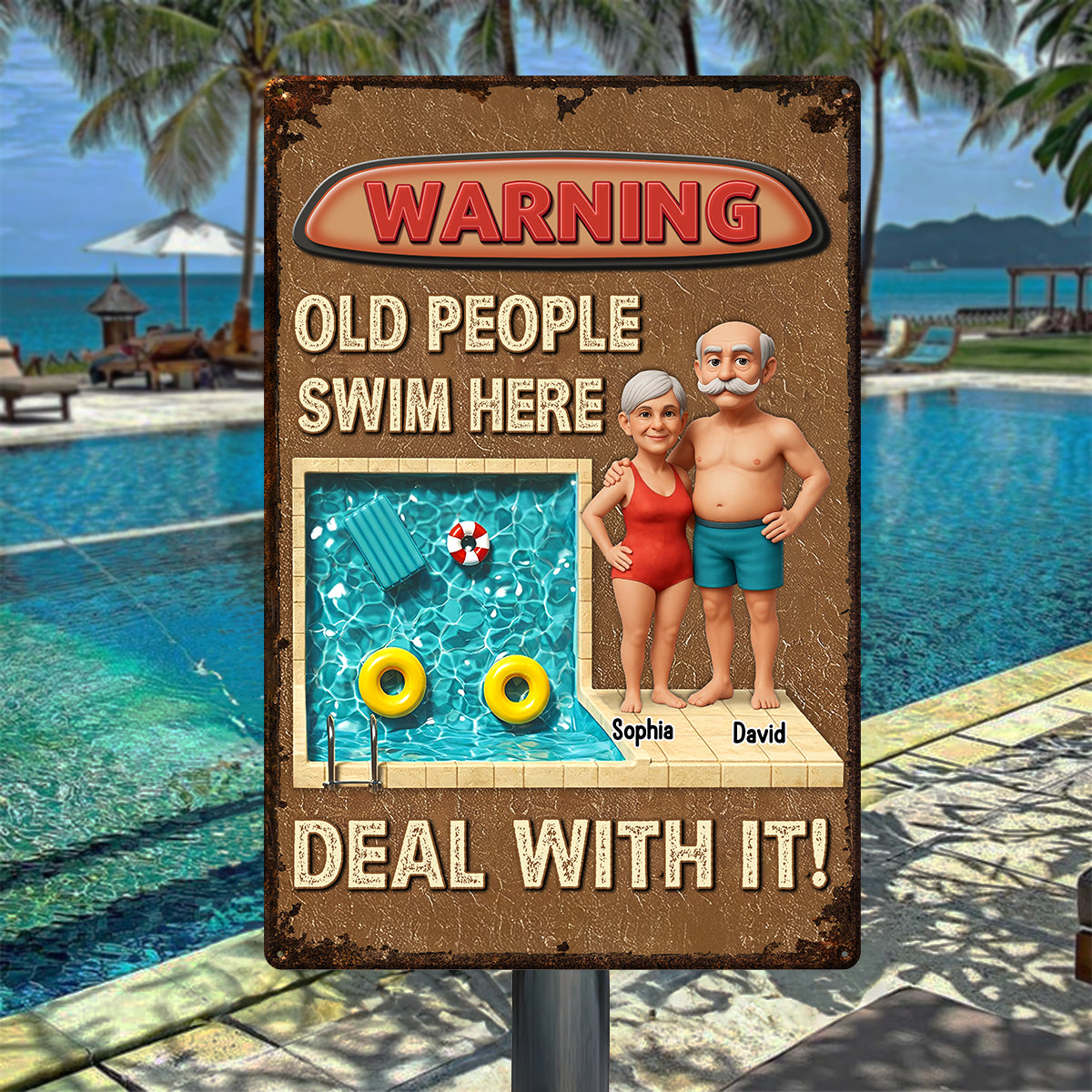 3D Effect Warning Old People Swim Here Funny Summer Decor Personalized Metal Sign
