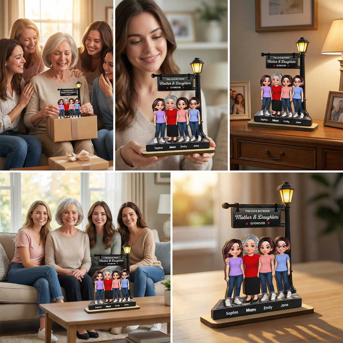 Mother And Daughter Son Happy Together Under Lamp Post - Personalized 2-Layered Wooden Plaque - Mother's Day Gift For Mom
