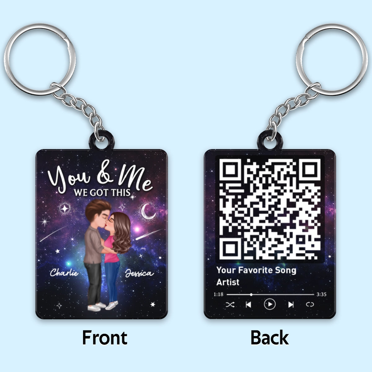 Doll Couple Kissing In Galaxy Night Favorite Song Scannable QR Code Personalized Acrylic Keychain