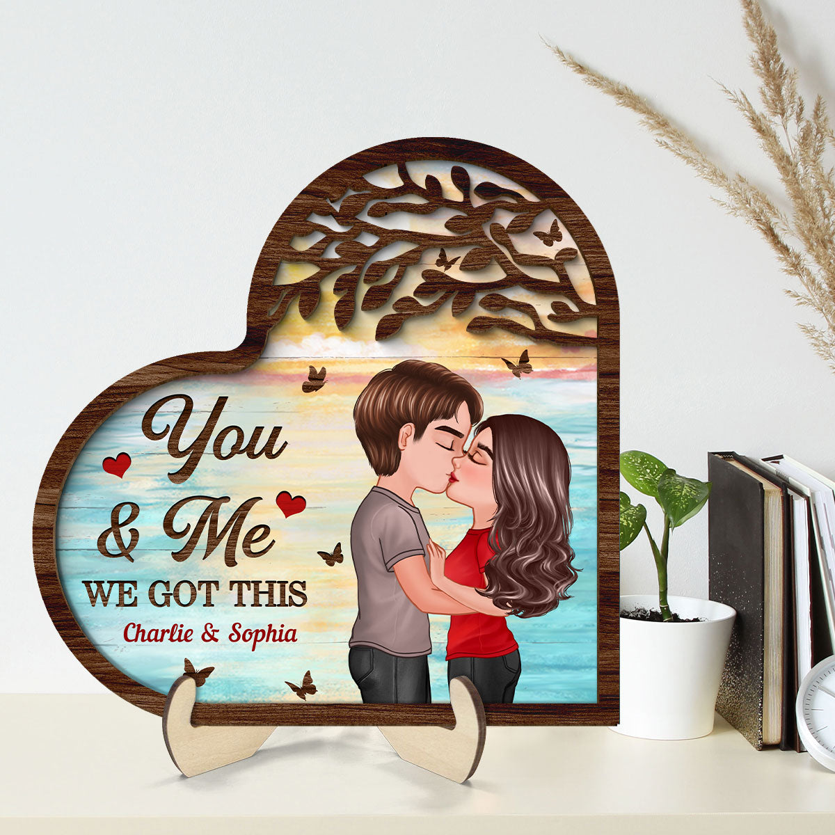 Couple Kissing Under Tree Heart Shaped  Gift For Him For Her Personalized 2-Layer Wooden Plaque