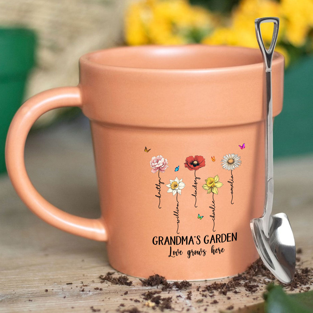 Grandma's Garden Love Grows Here Vintage Birth Month Flower Personalized Plant Pot Ceramic Mug