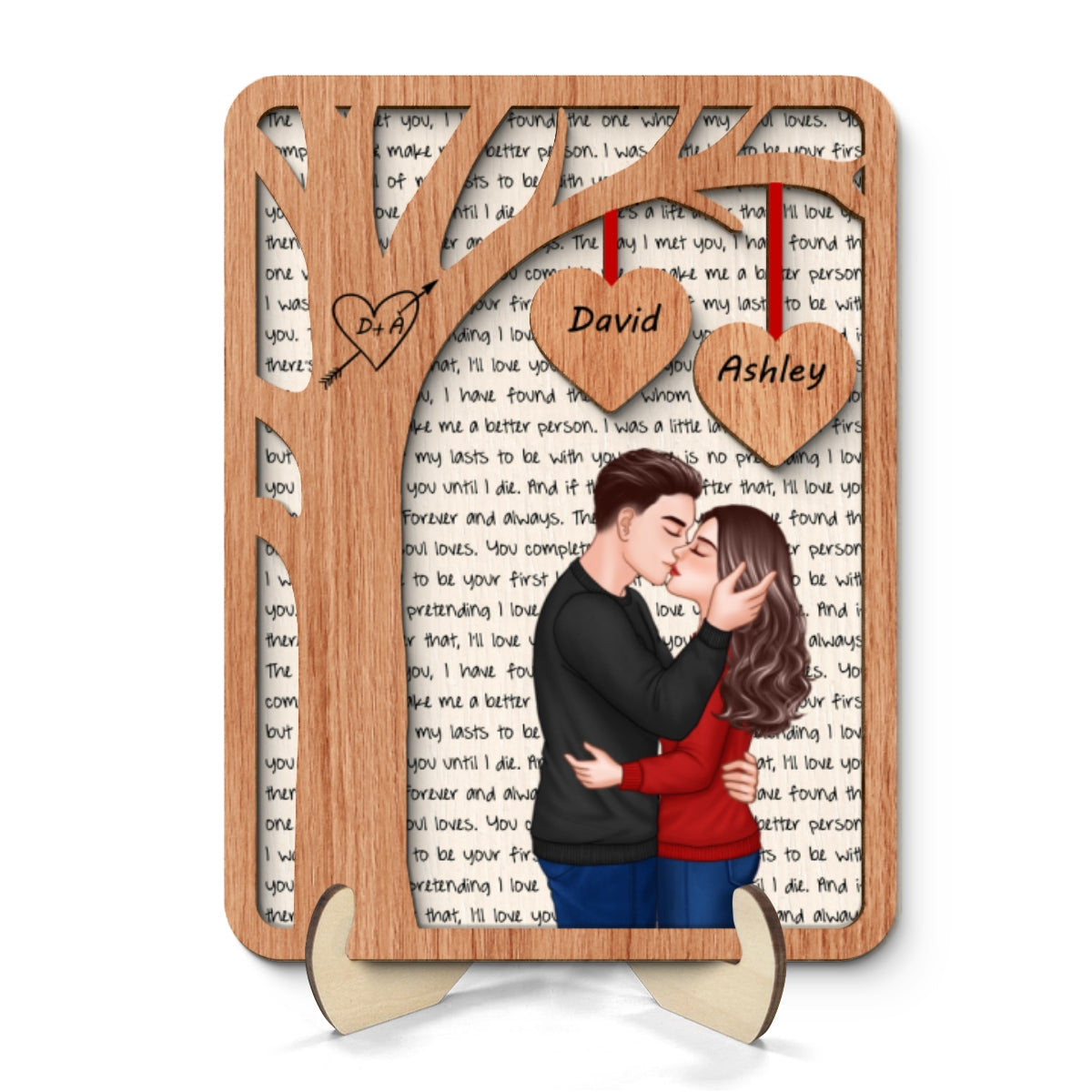 Romantic Couple Under Tree Letters Background Personalized 2-Layer Wooden Plaque