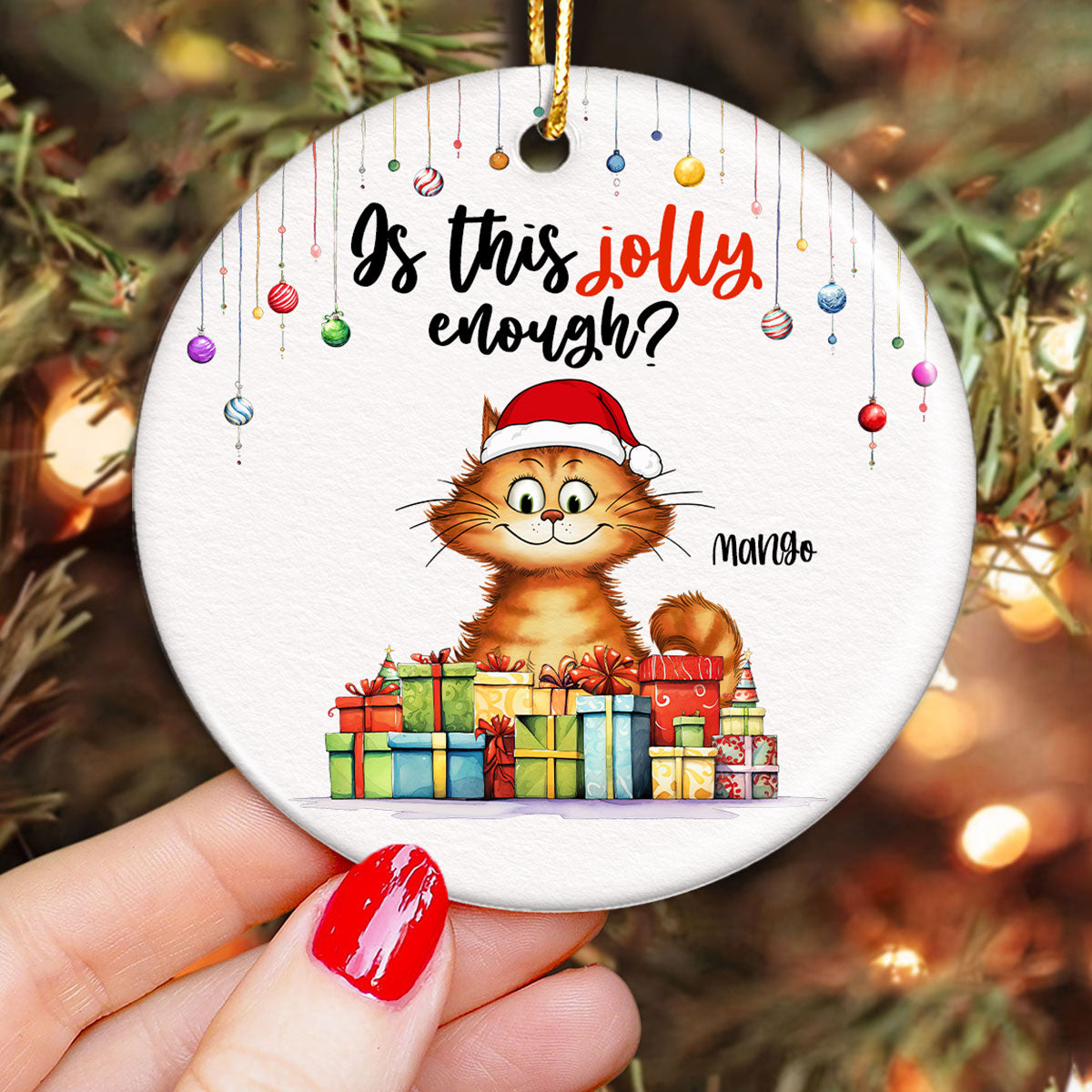 Is This Jolly Enough Quirky Whimsical Christmas Cats Personalized Circle Ceramic Ornament