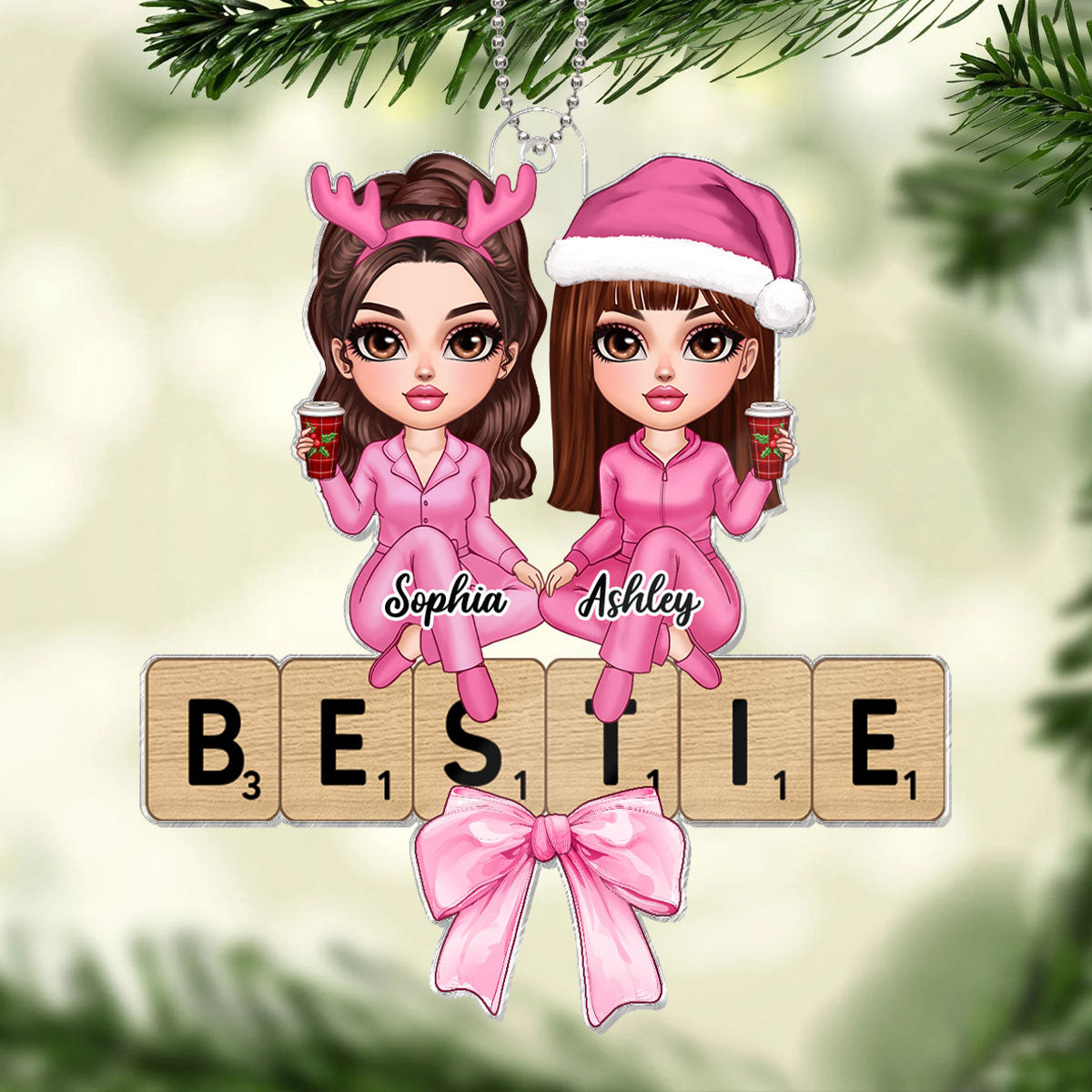 Coquette Besties Sisters Puzzle Art Personalized Acrylic Ornament, Christmas Gift For Besties Sisters Friends