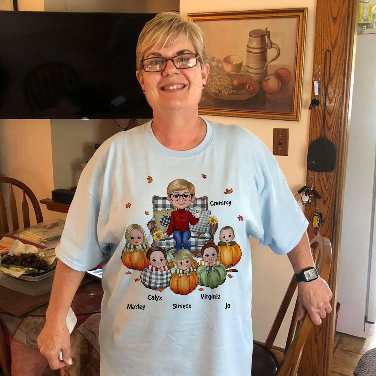 Grandma Sitting On Chair & Kids Pumpkin - Personalized Shirt
