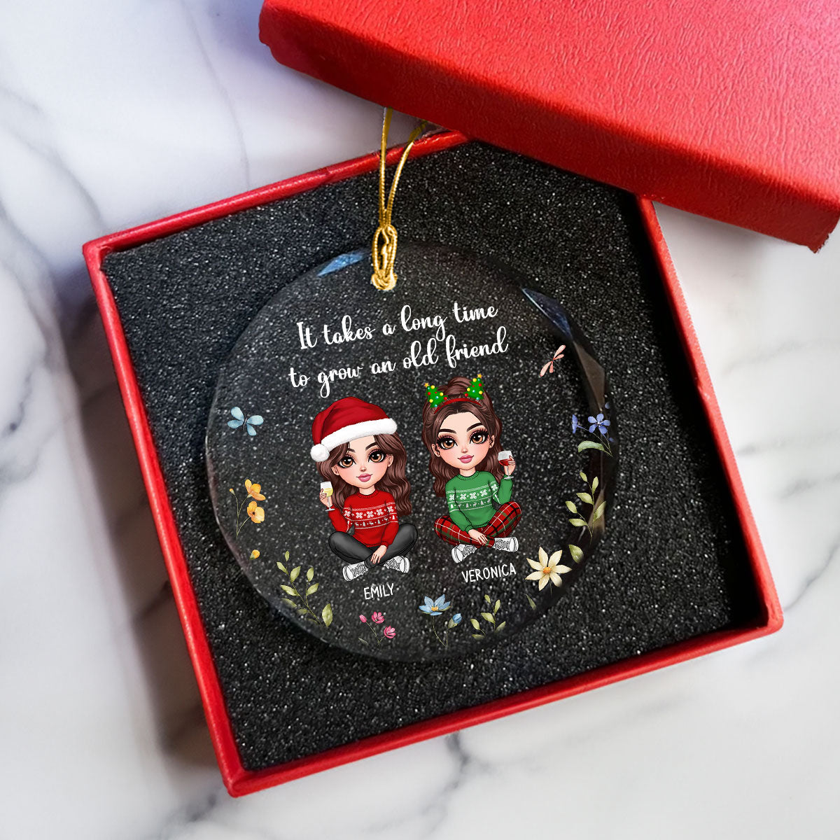 Sisters Are Differents Flowers From The Same Garden, Doll Sisters Sitting Personalized Glass Ornament, Christmas Gift For Sisters