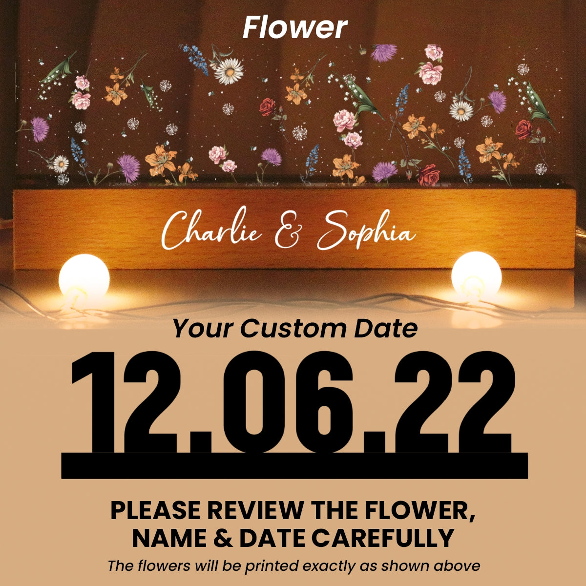 Custom Flower Printed LED Night Light, Couple Engagement Anniversary Date, Gift for her, Gift for him