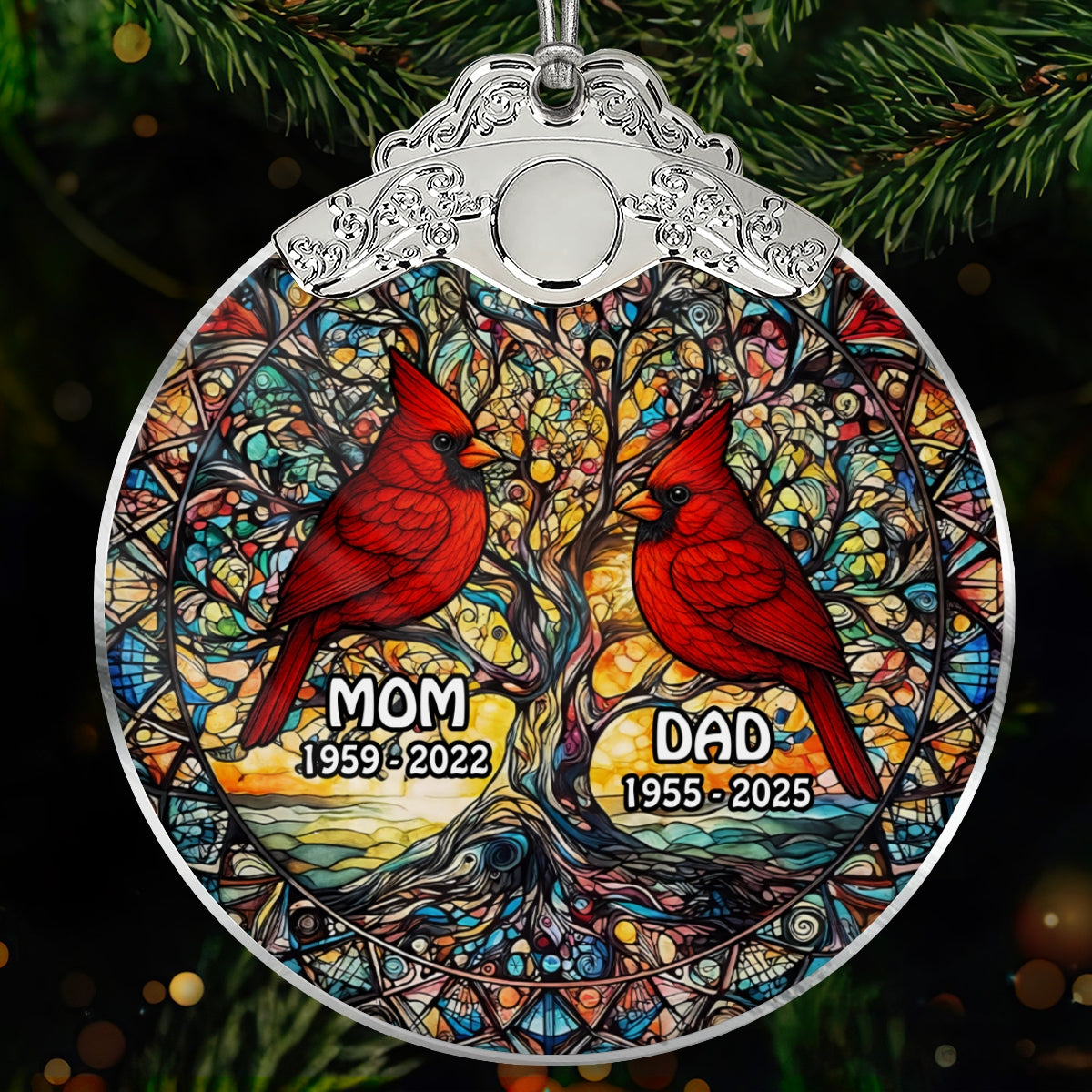 Tree Of Life Cardinal Mom Dad Stained Glass Effect - Personalized Glass Ornament With Silver Cap - Christmas Memorial Keepsake For Family