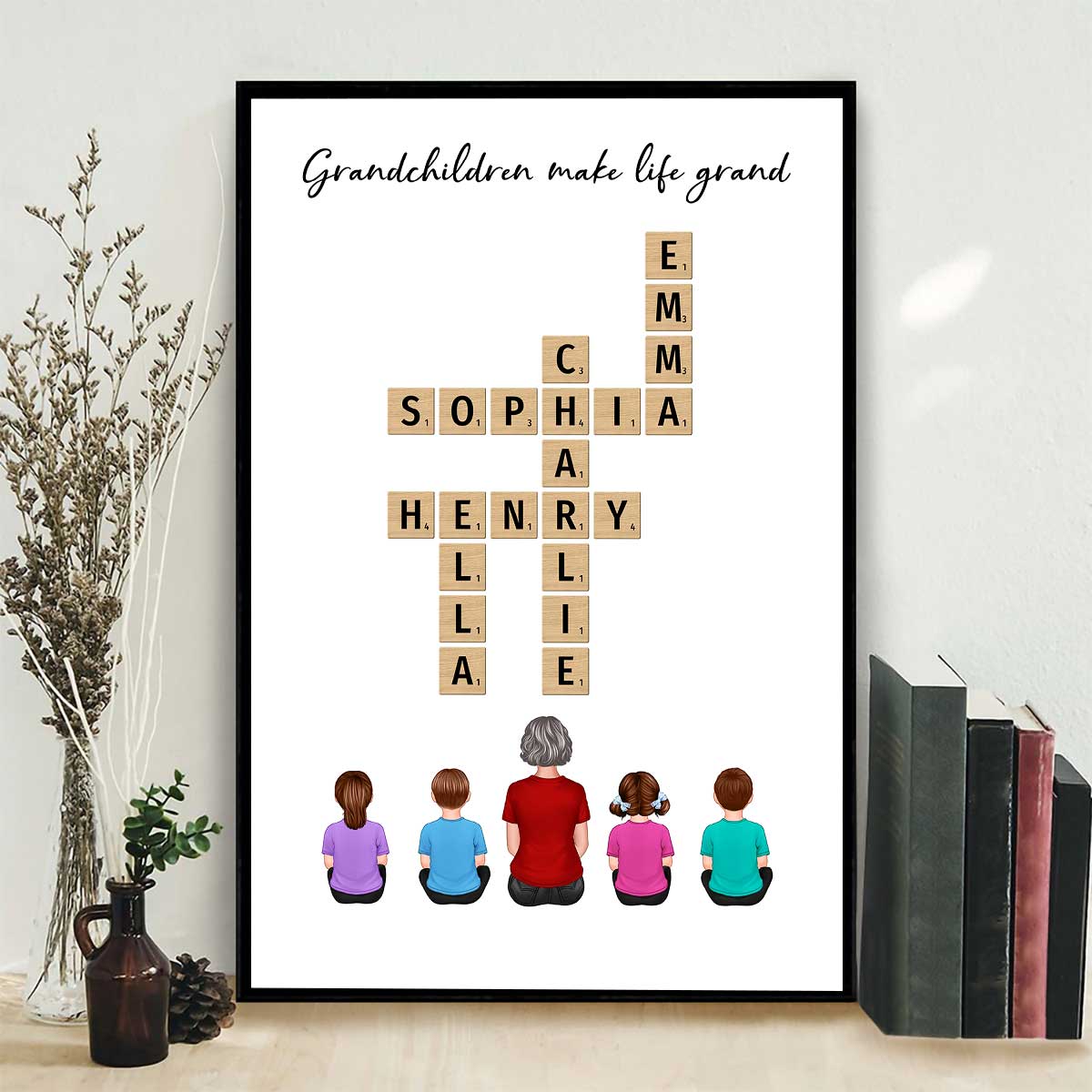 Our Grandchildren Names In Crossword Unique Gift For Grandma Grandpa Grandparents Back View Sitting Personalized Poster