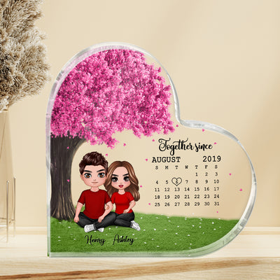 Embracing Doll Couple Sitting Under Pink Tree Calendar Anniversary Date Personalized Heart Acrylic Plaque