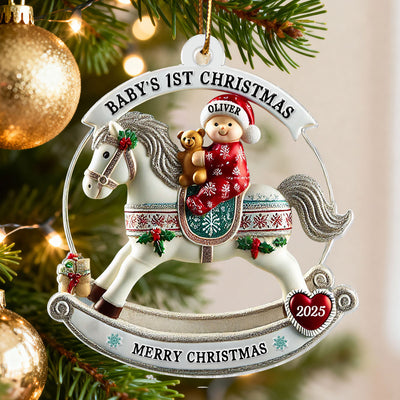 Baby First Christmas Newborn On Horse Keepsake 3D Effect Personalized Acrylic Ornament
