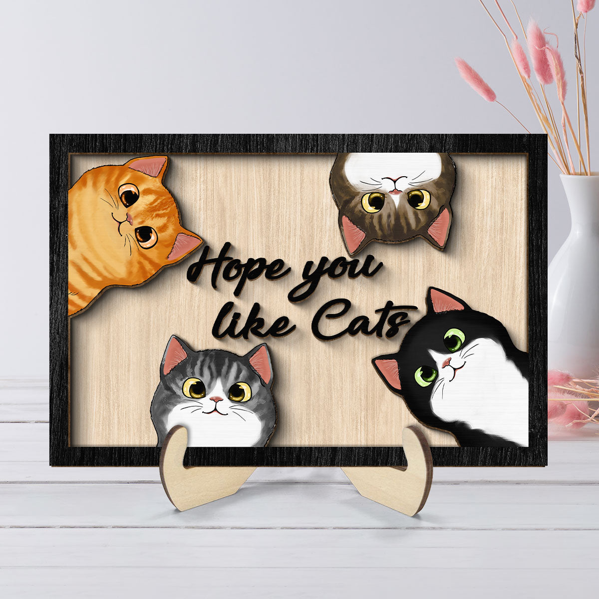 Hope You Like Cats Peeking Fluffy Cats Personalized 2-Layer Wooden Plaque