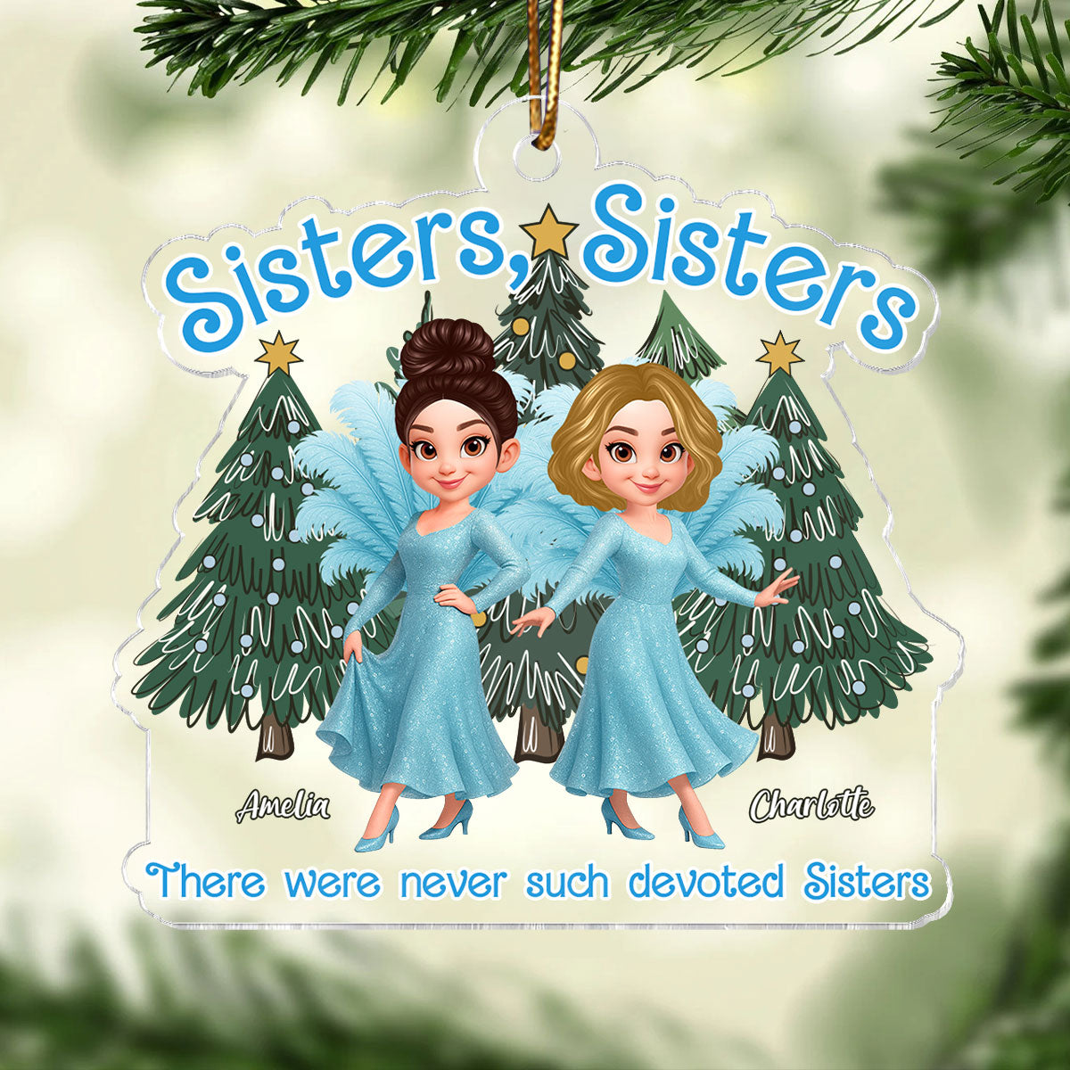 Cute Cartoon Sisters Besties Blue Dress Under Christmas Tree Personalized Acrylic Ornament