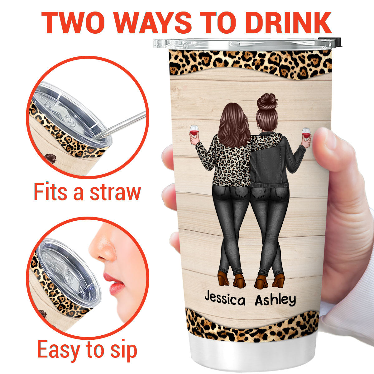 Back View Besties Gift For Best Friends Leopard Personalized Tumbler