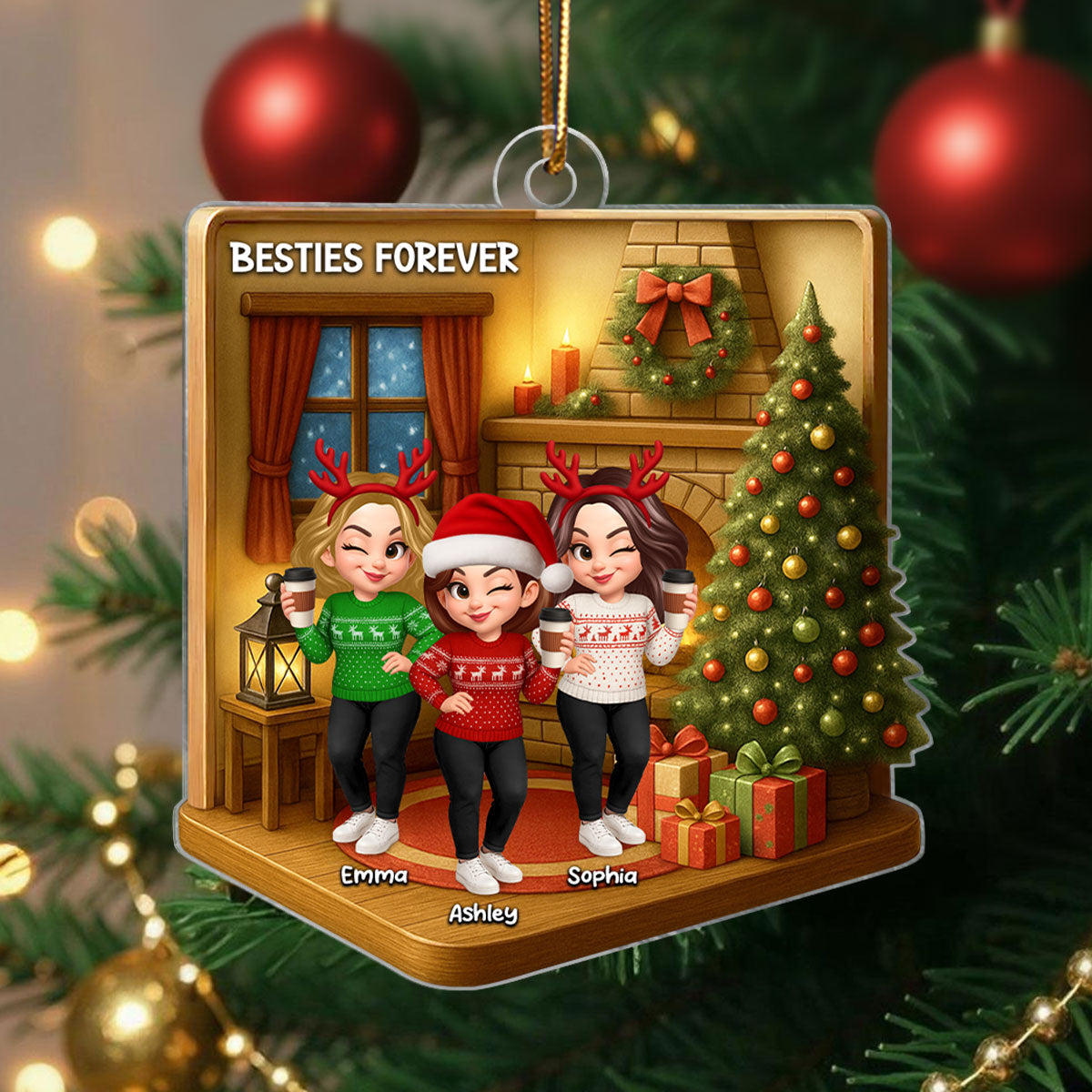 Christmas Besties Sisters In House 3D Effect Personalized Acrylic Ornament