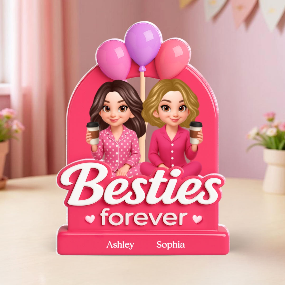 Besties Sisters Pink Party 3D Effect Personalized Acrylic Block