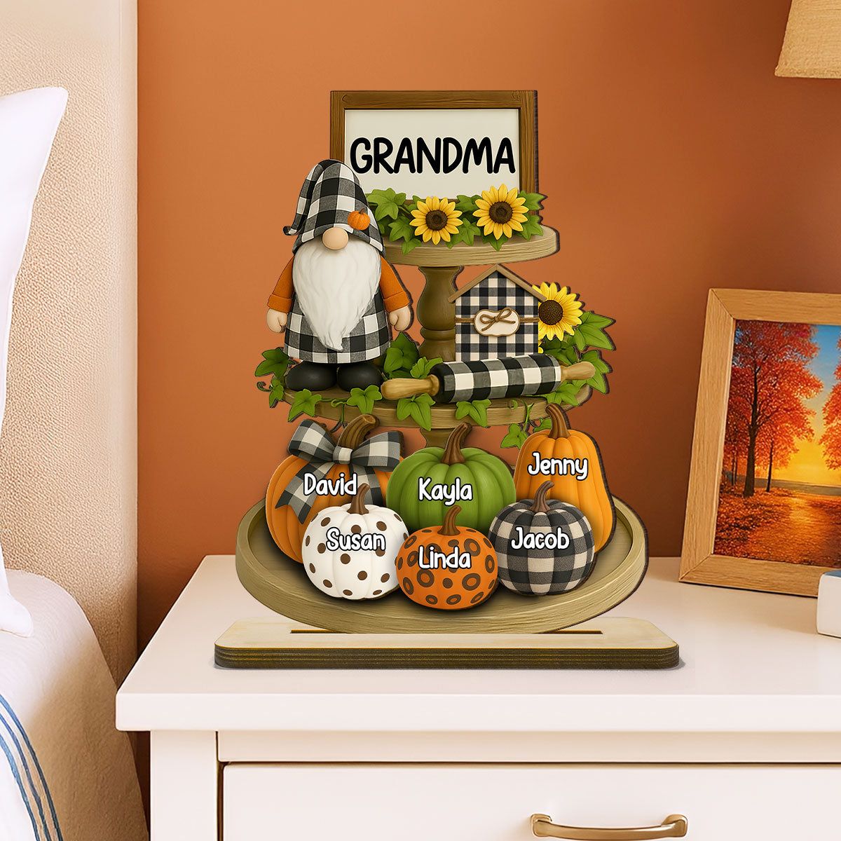 Grandma Mom Fall Season Tiered Tray 3D Effect Personalized Standing Wooden Plaque