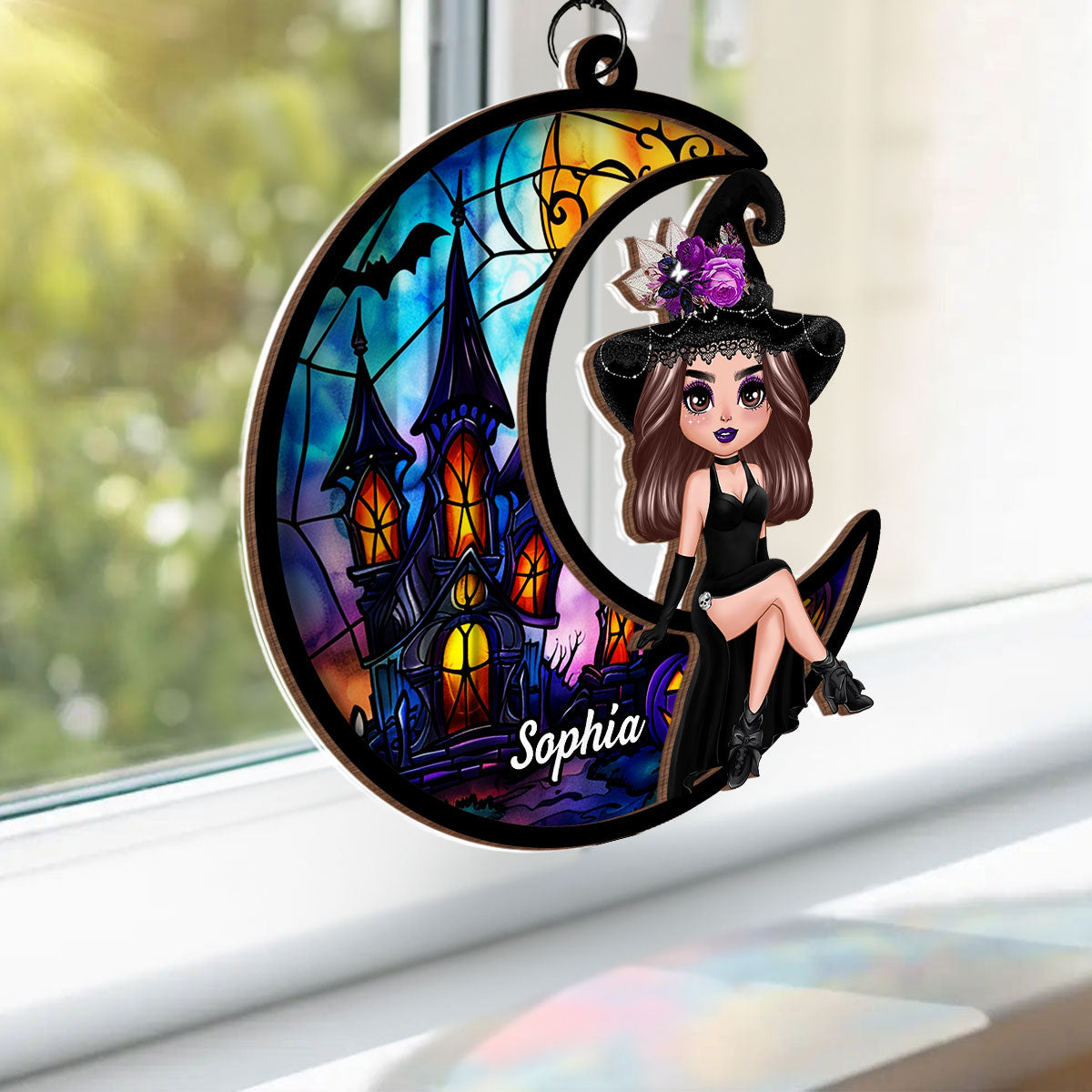 Halloween Witch Sitting On Moon Personalized Suncatcher, Halloween Decoration