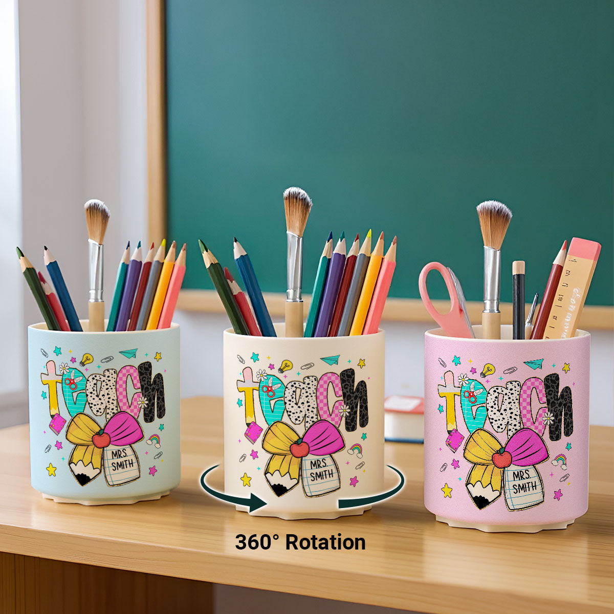 Preppy Teacher Pencil Coquette Bow Doodle Personalized Rotating Pen Holder, Custom Teacher Name, Back to School Gift
