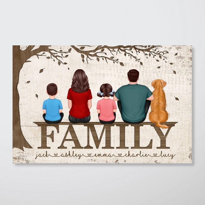 Family Couple Kid Dog Cat Back View Sitting Under Tree Personalized Horizontal Poster