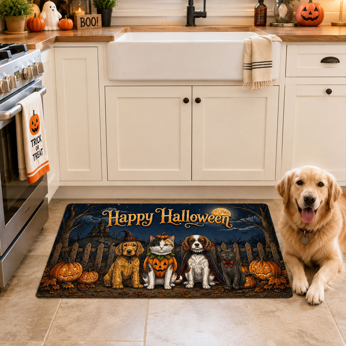 Vintage Dog Cat Halloween Night Photo Upload - Personalized Doormat - Halloween Gift For Dog Mom, Cat Mom