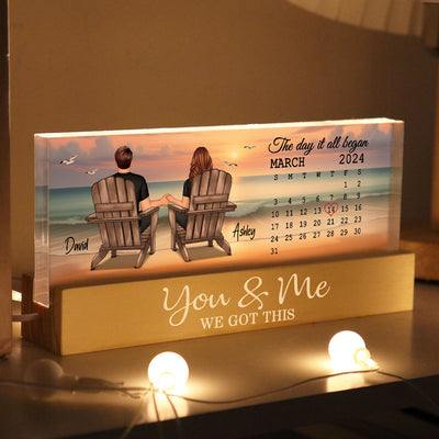 Eternal Sunset Beach Couple Back View Anniversary Calendar Personalized Acrylic Block LED Night Light