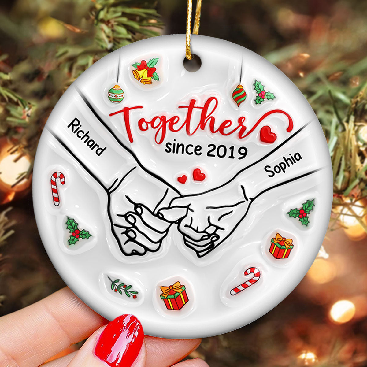 3D Inflated Couple Holding Hands Personalized Ceramic Ornament, Christmas Gift For Him, For Her