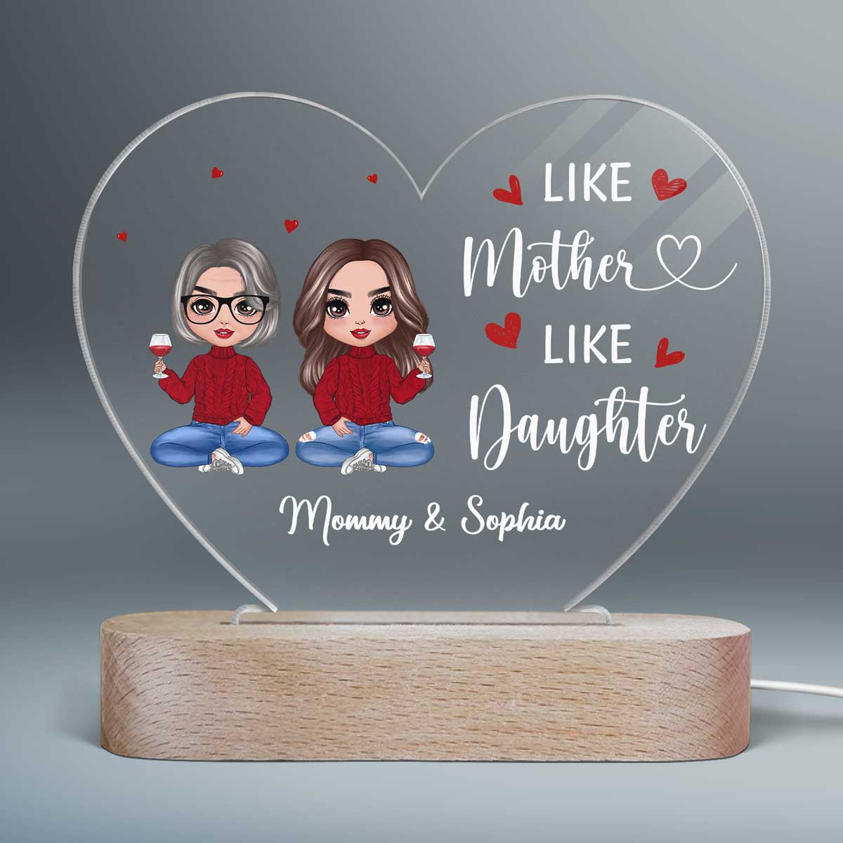Doll Mother And Daughters Sitting Personalized Acrylic Heart Plaque LED Night Light