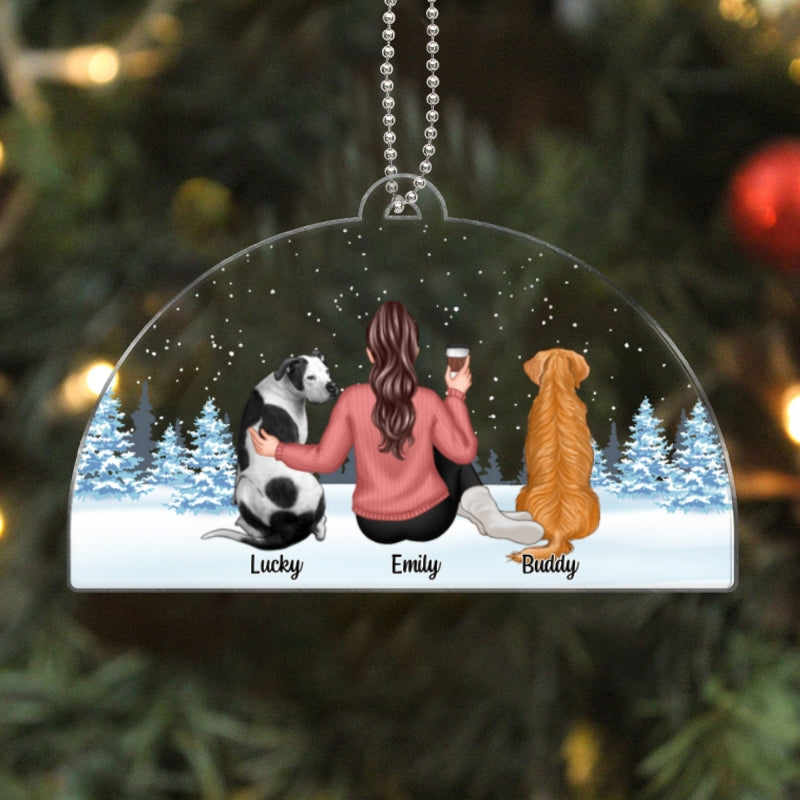 Woman And Dogs Sitting Back View Personalized Acrylic Ornament, Christmas Gift For Dog Mom