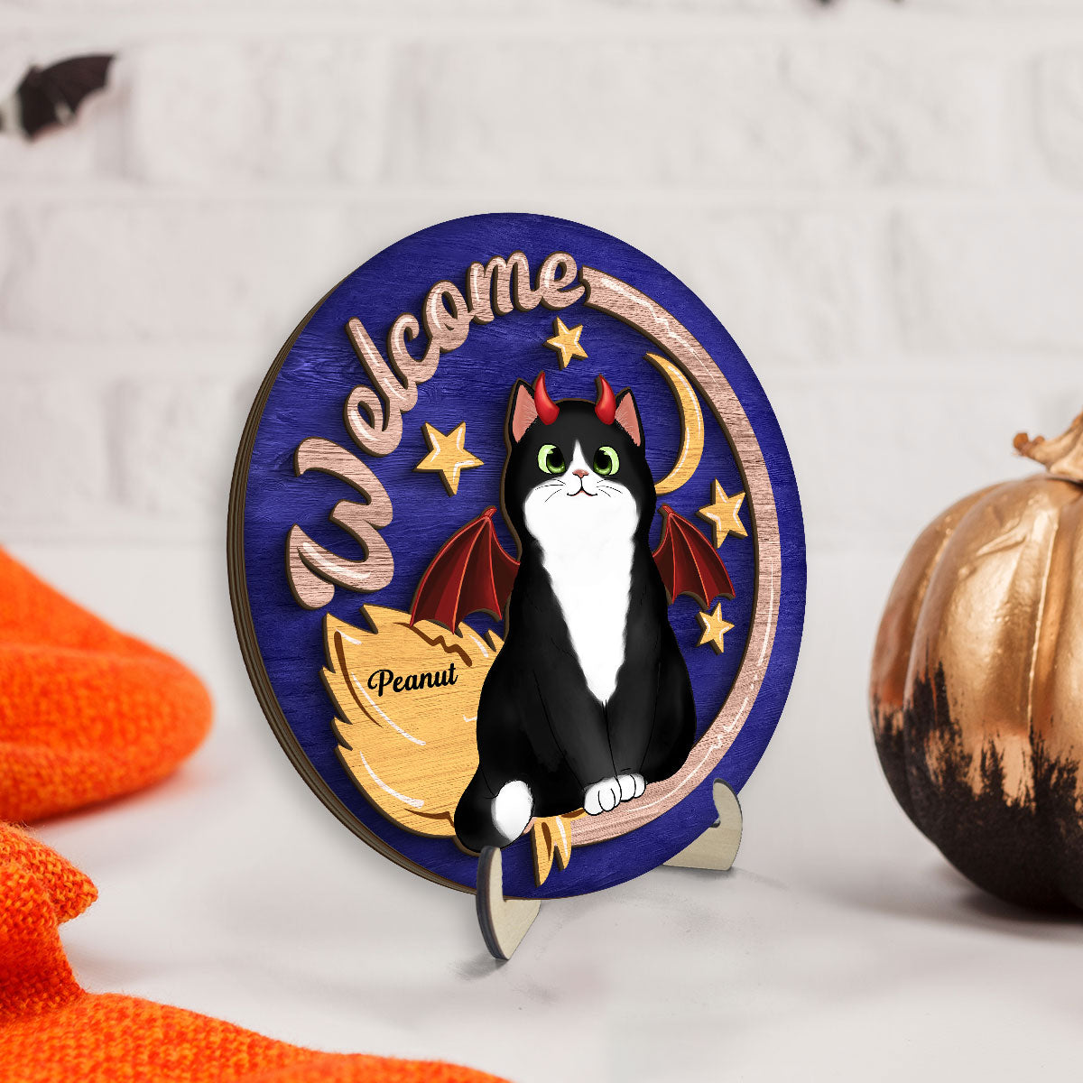 Welcome Halloween Cat Personalized 2-Layer Wooden Plaque, Gift For Cat Lovers