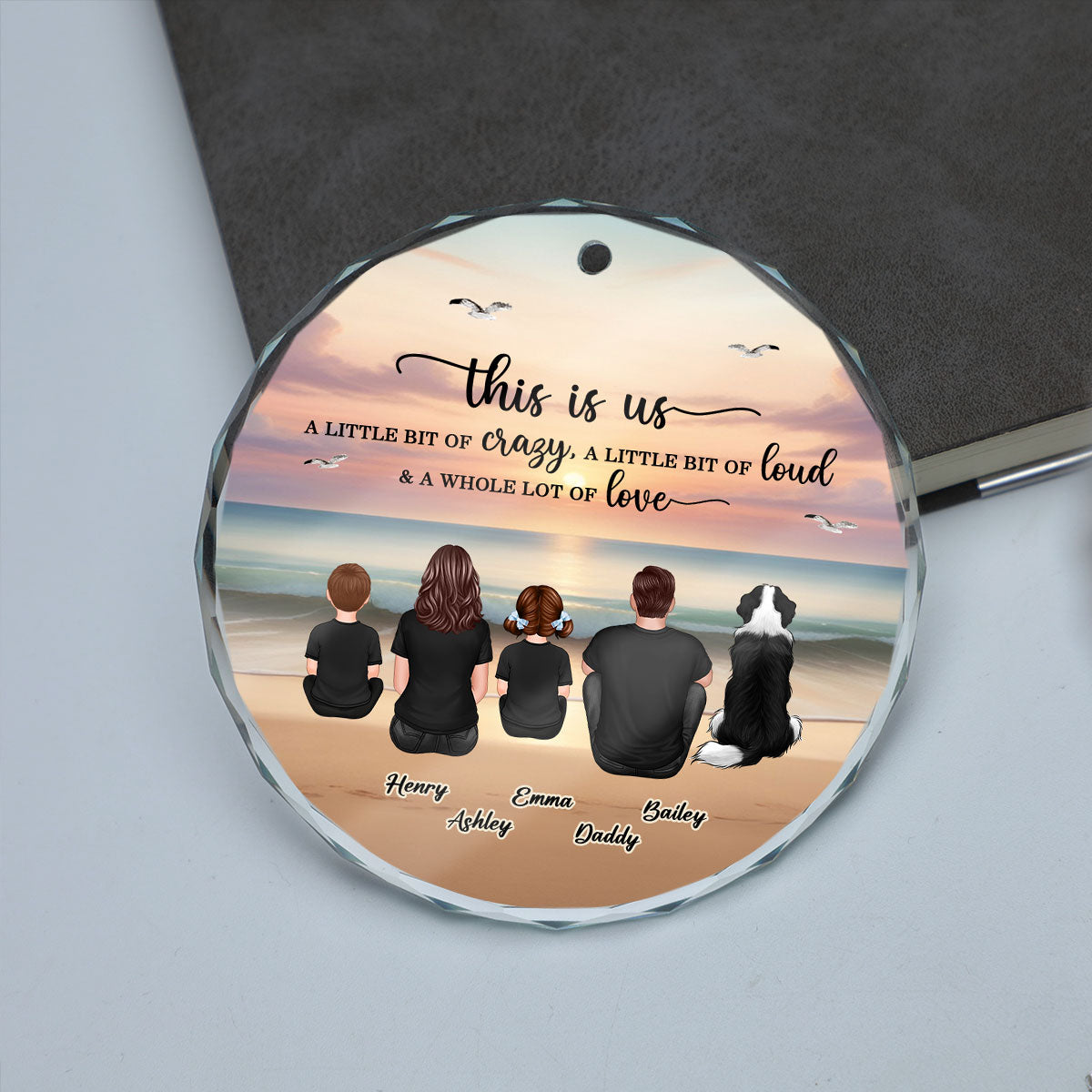 Family Sitting Back View Retro Vintage Beach Landscape Personalized Circle Glass Ornament