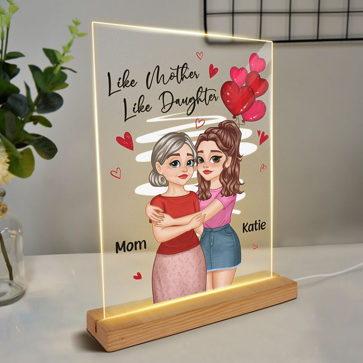Red Hearts Like Mother Like Daughters Cartoon Hugging Mom Daughters Personalized Rectangle Acrylic Plaque With LED Night Light