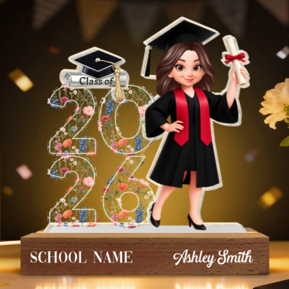 Class Of 2026 2027 Senior Floral - Personalized Acrylic Block LED Night Light - Graduation Gift For Graduates, Daughter