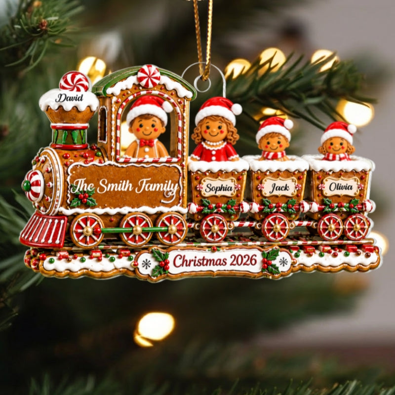 Family Gingerbread Christmas Train - Personalized Acrylic Ornament - Family Holiday Keepsake Gifts
